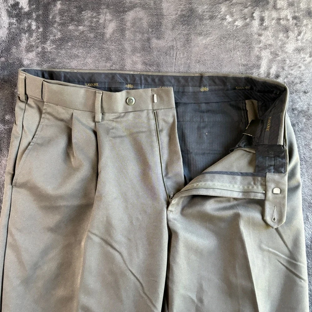 Savane Mens Pleated Dress Pants 36x32‎ Olive Green Cuffed Polyester Trousers